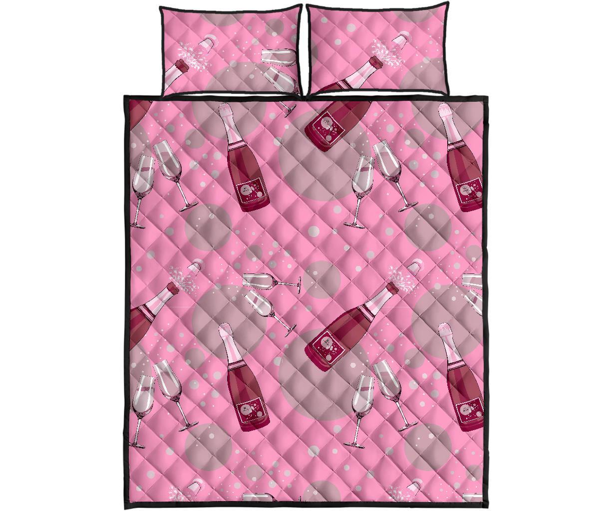 Pink Champagne Pattern Print Bed Set Quilt-grizzshop