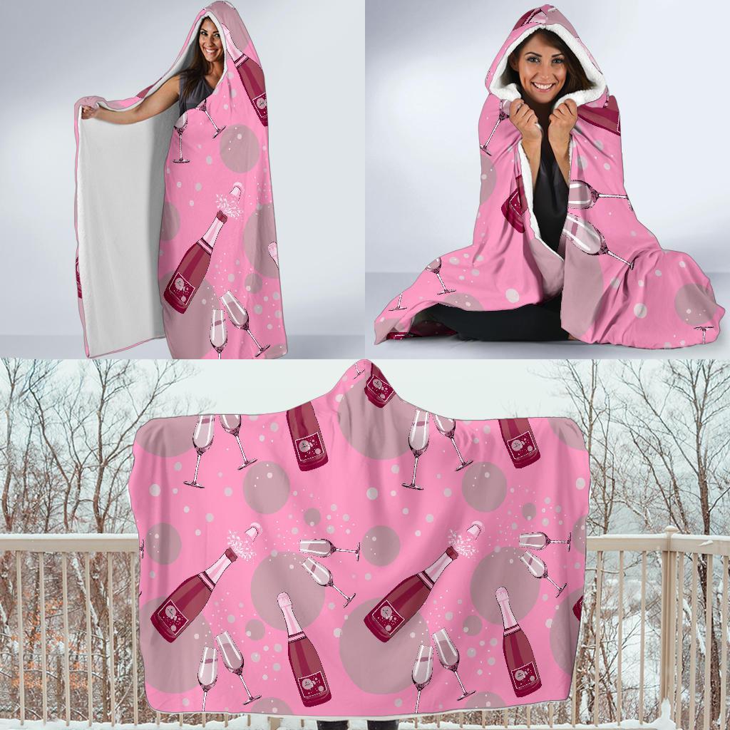 Pink Champagne Pattern Print Hooded Blanket-grizzshop