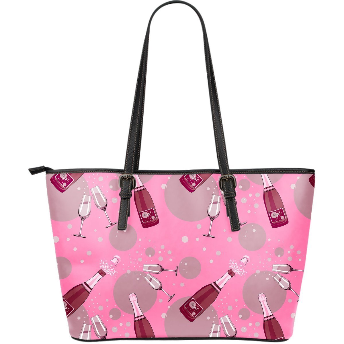 Pink Champagne Pattern Print Leather Tote Bag-grizzshop