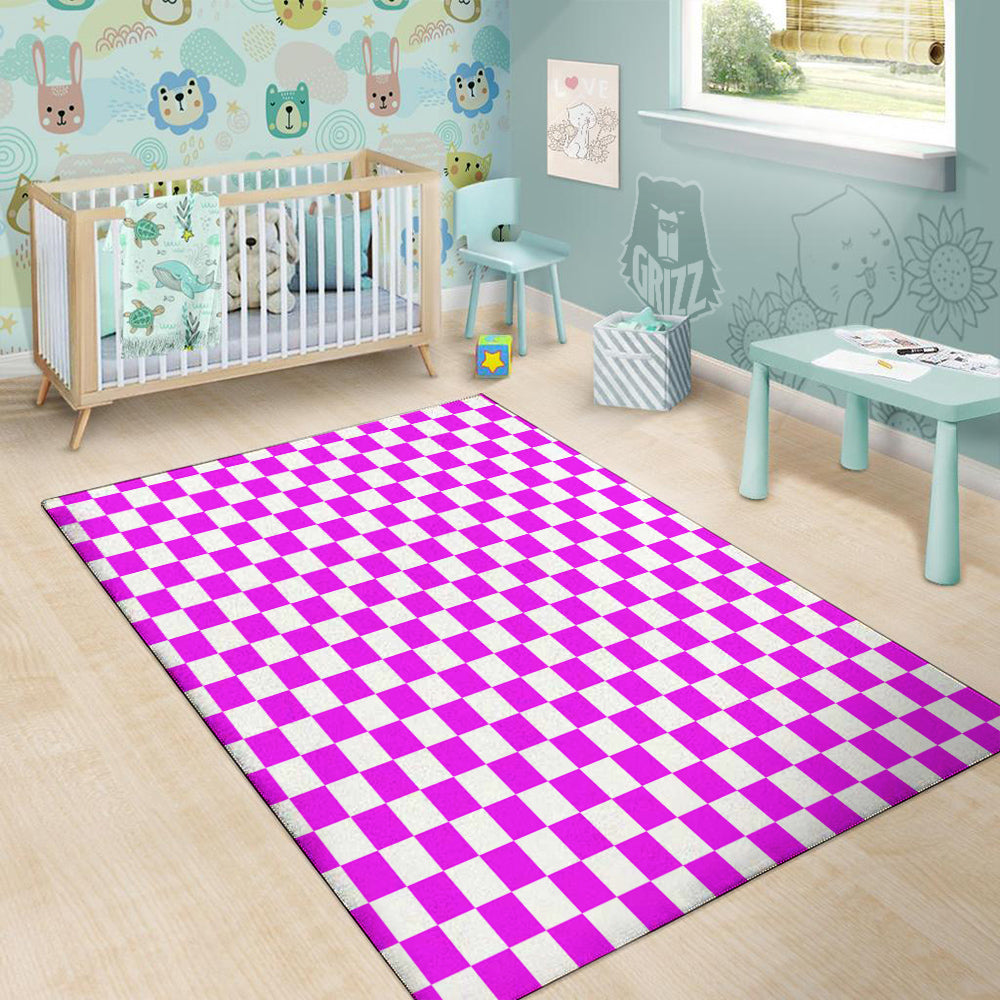 Pink Checkered Flag Print Floor Mat-grizzshop