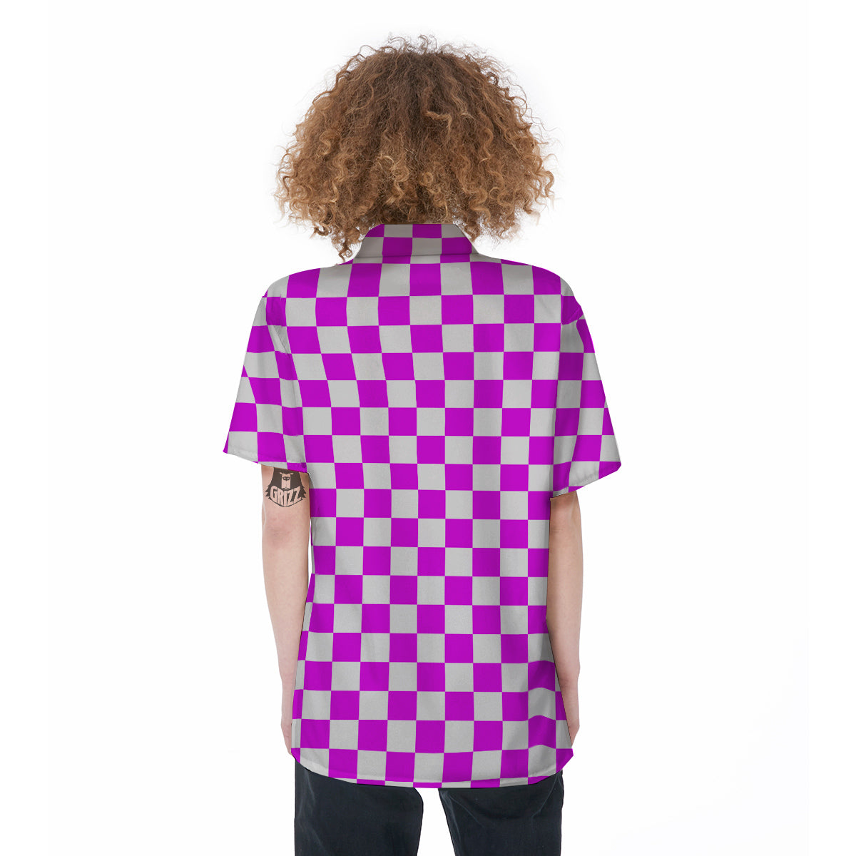 Pink Checkered Flag Print Women's Short Sleeve Shirts-grizzshop