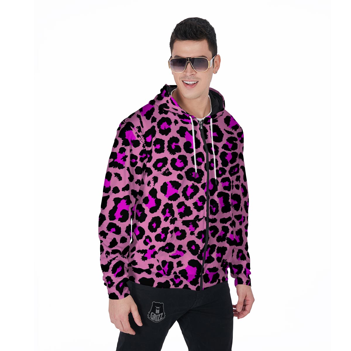 Pink Cheetah Leopard Men's Zip Up Hoodie-grizzshop