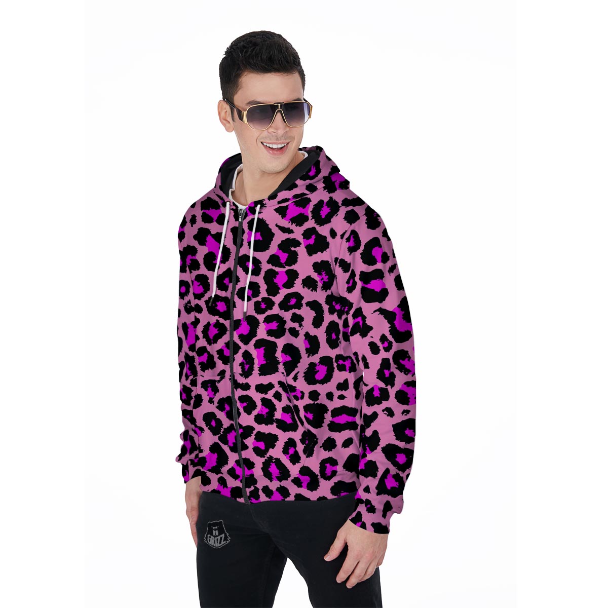 Pink Cheetah Leopard Men's Zip Up Hoodie-grizzshop
