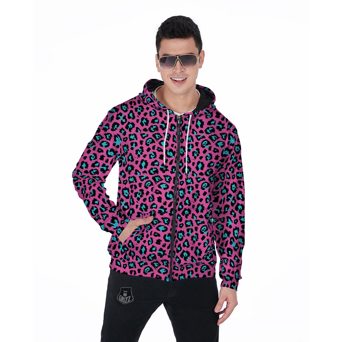 Pink Cheetah Men's Zip Up Hoodie-grizzshop