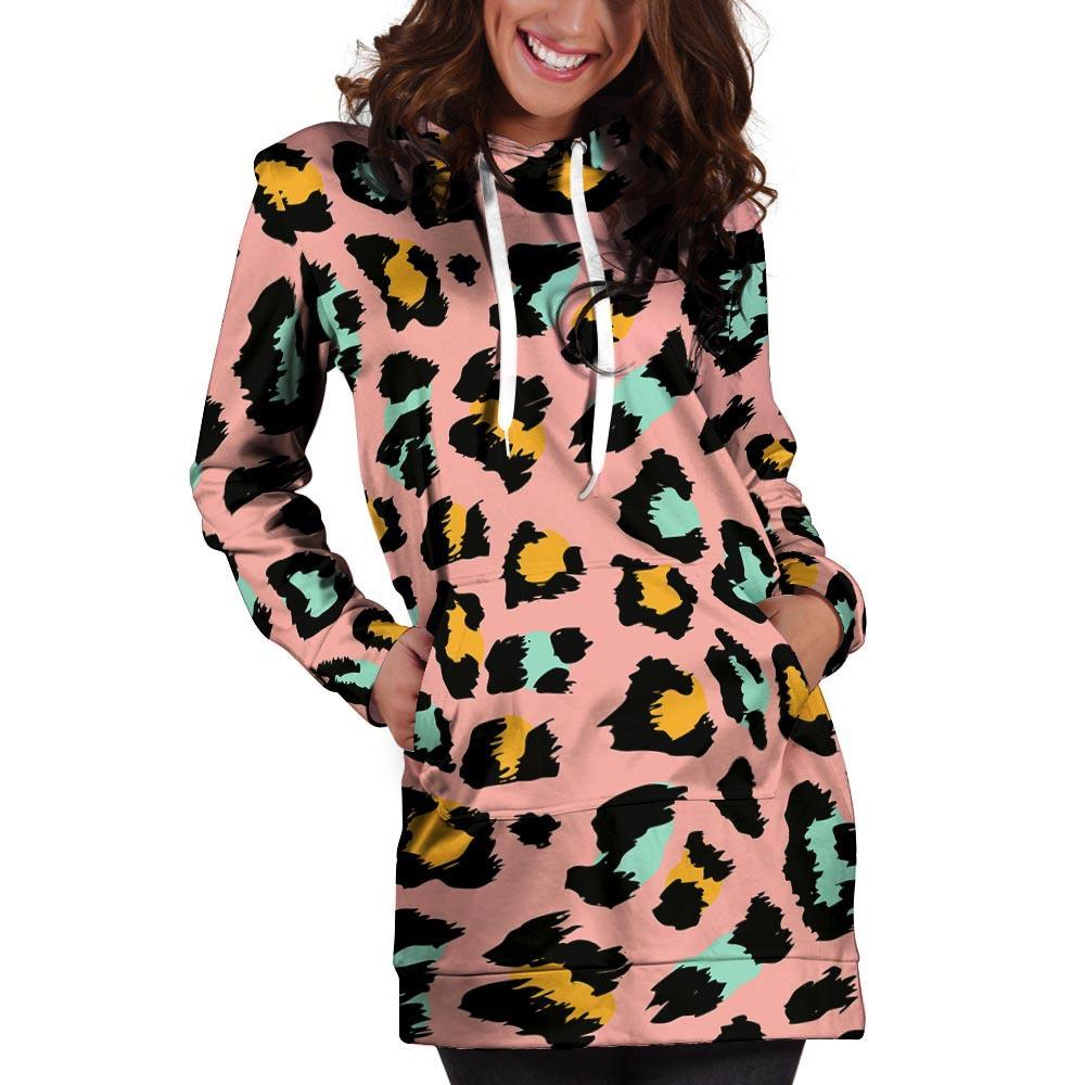 Pink Cheetah Print Hoodie Dress-grizzshop