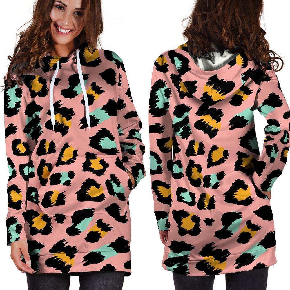 Pink Cheetah Print Hoodie Dress-grizzshop