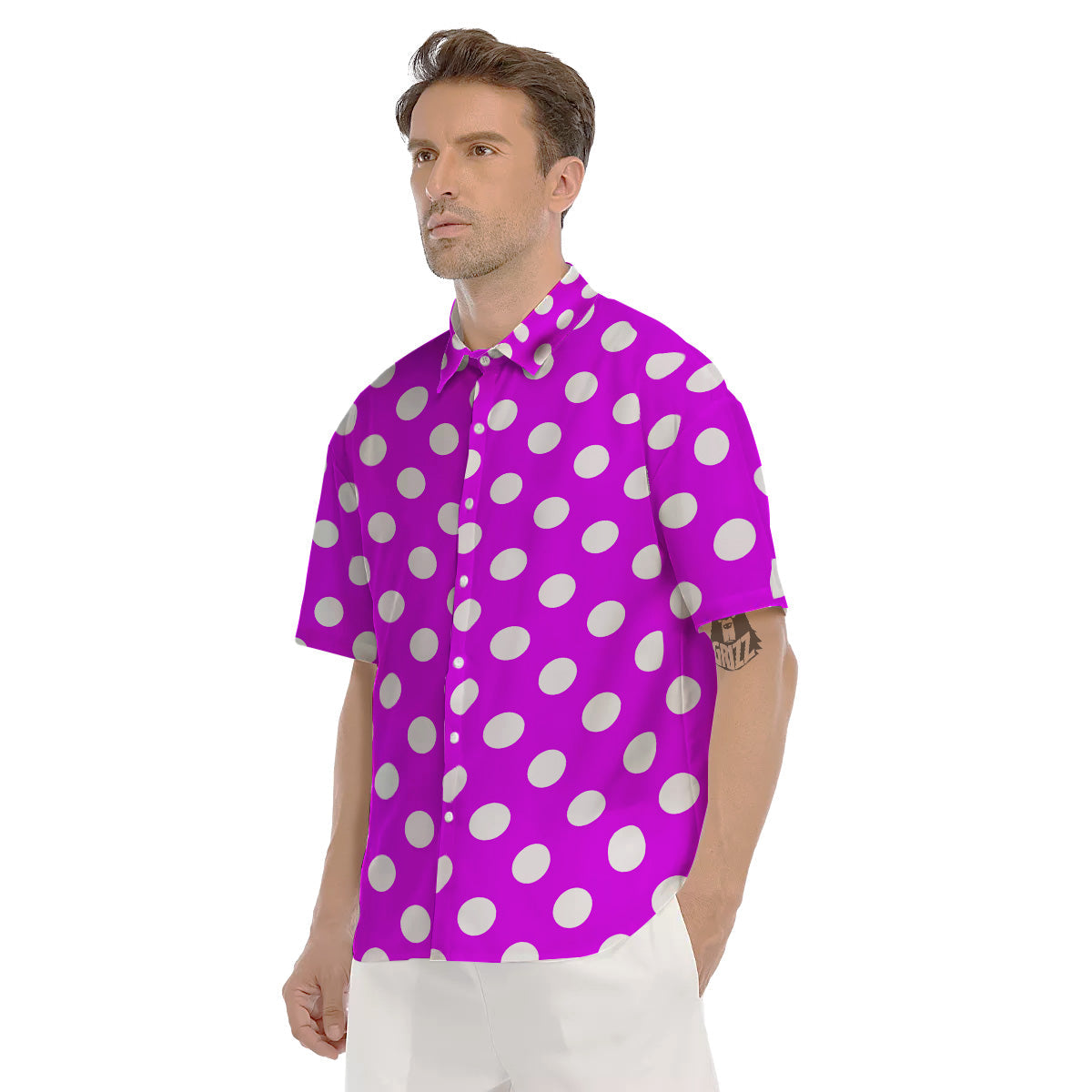 Pink Color Polka Dot Print Pattern Men's Short Sleeve Shirts-grizzshop