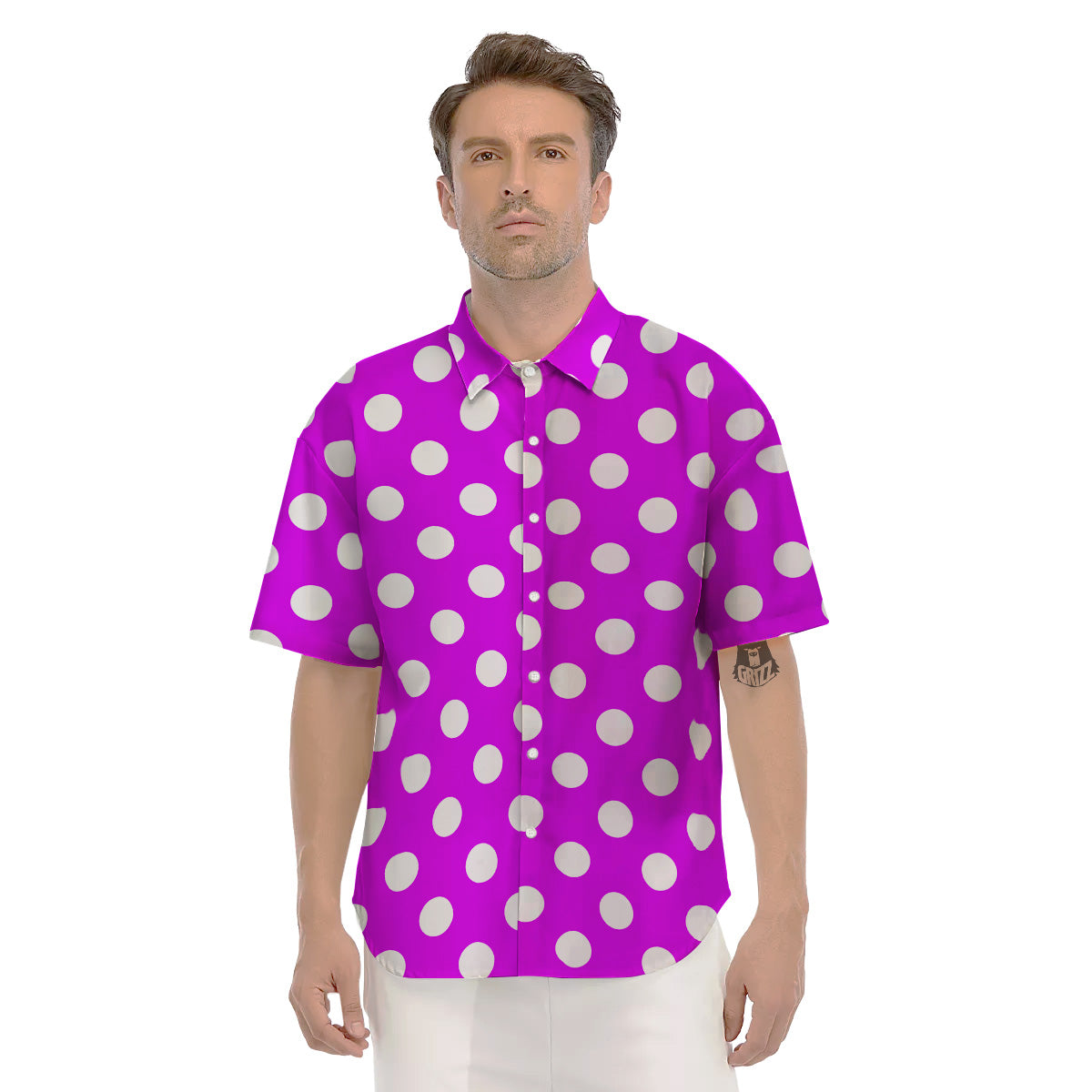 Pink Color Polka Dot Print Pattern Men's Short Sleeve Shirts-grizzshop