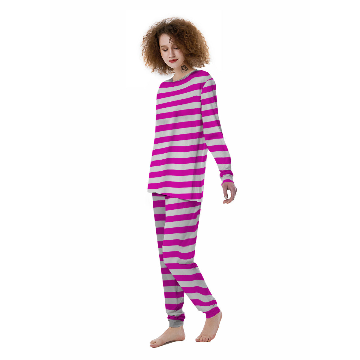 Pink Color Striped Print Women's Pajamas-grizzshop