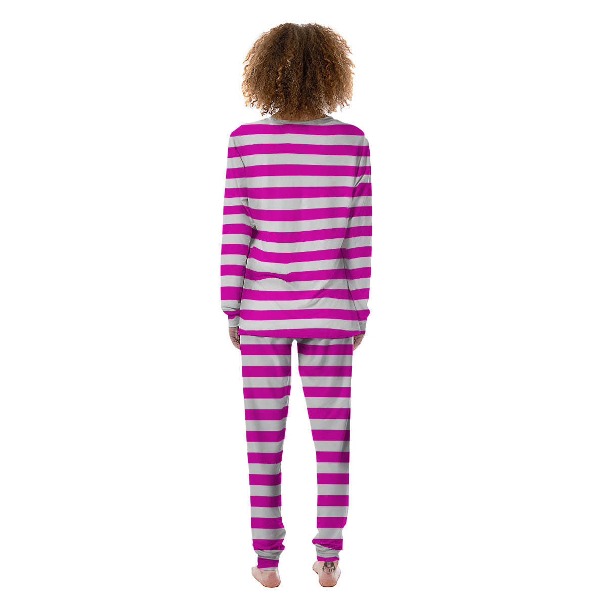 Pink Color Striped Print Women's Pajamas-grizzshop