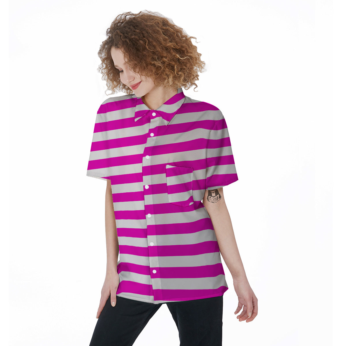 Pink Color Striped Print Women's Short Sleeve Shirts-grizzshop