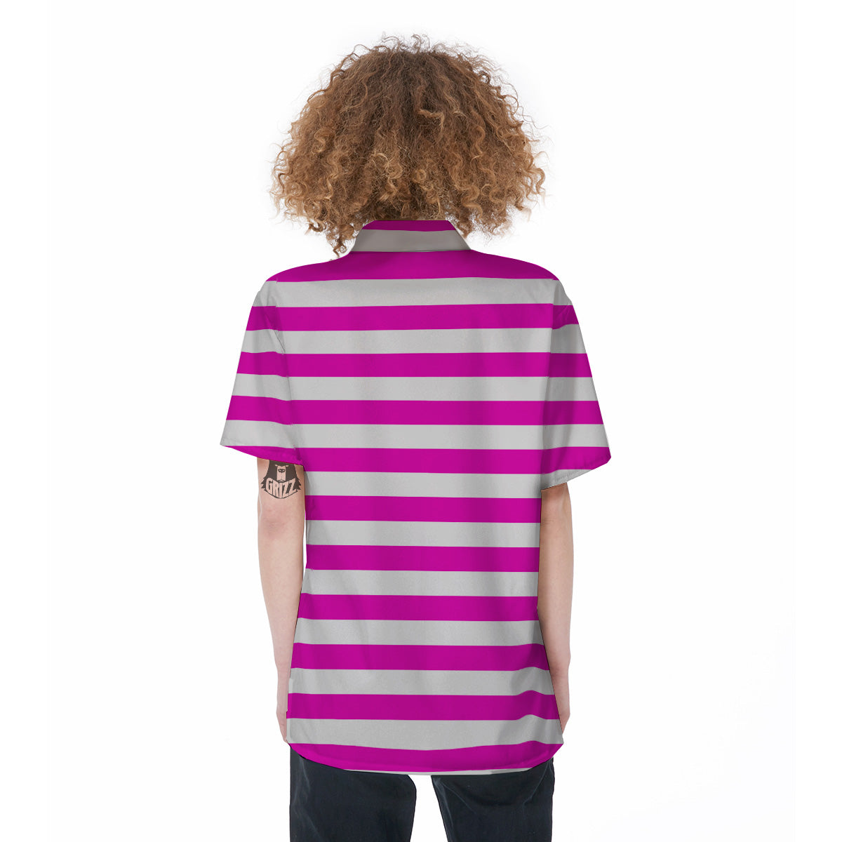 Pink Color Striped Print Women's Short Sleeve Shirts-grizzshop