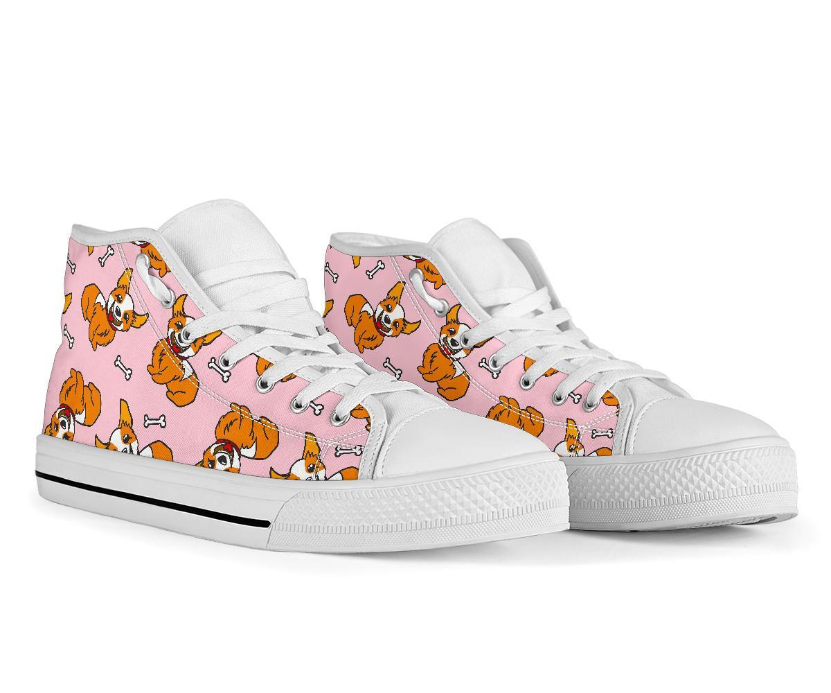 Pink Corgi Pattern Print Men Women's High Top Shoes-grizzshop