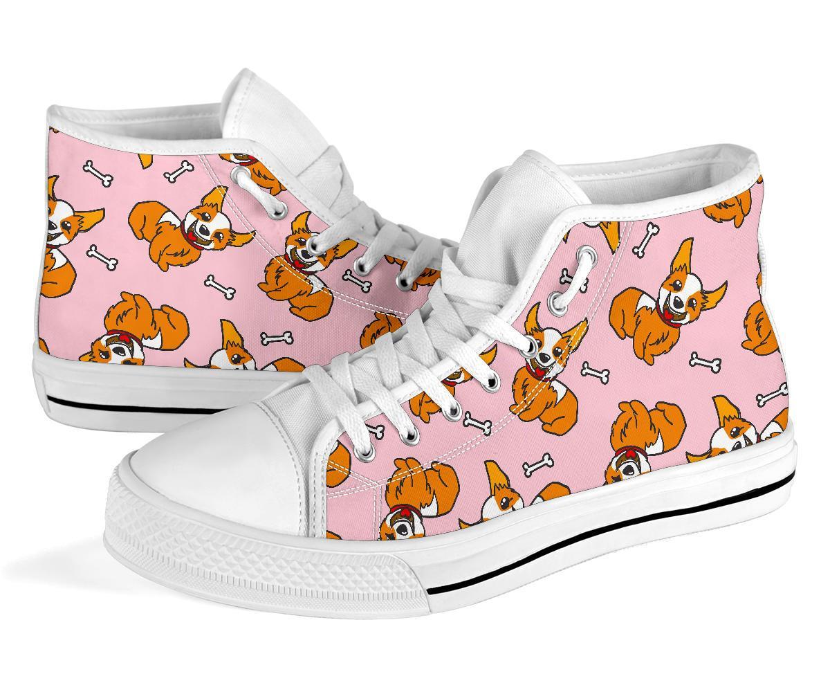 Pink Corgi Pattern Print Men Women's High Top Shoes-grizzshop