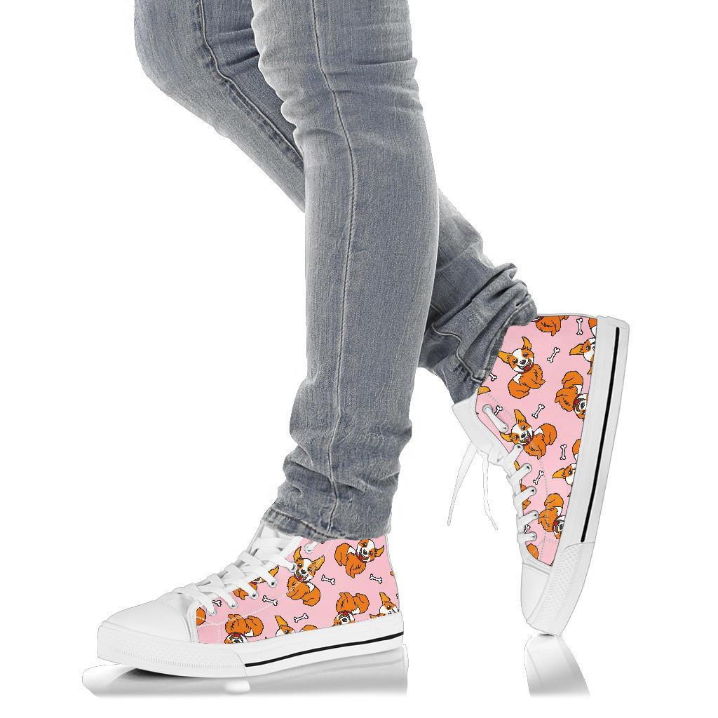 Pink Corgi Pattern Print Men Women's High Top Shoes-grizzshop