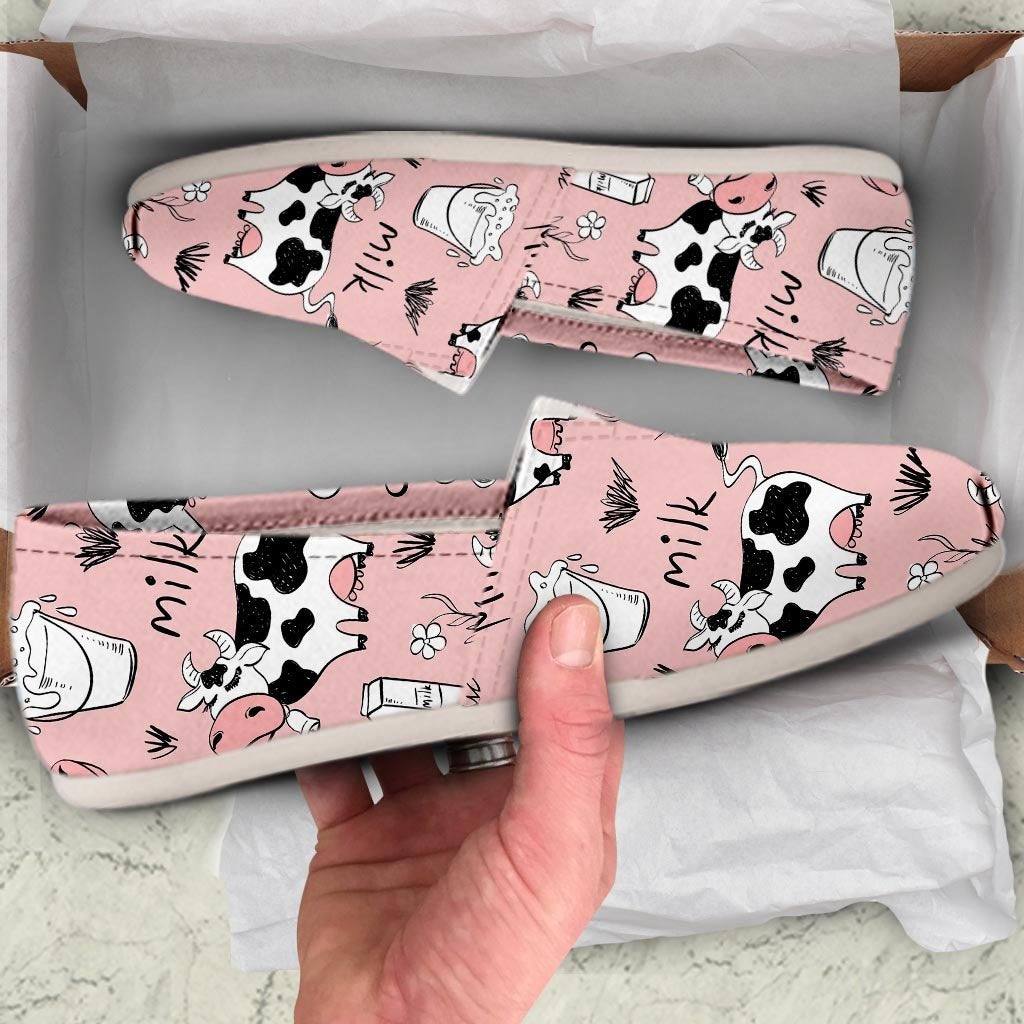 Pink Cow And Milk Print Canvas Shoes-grizzshop