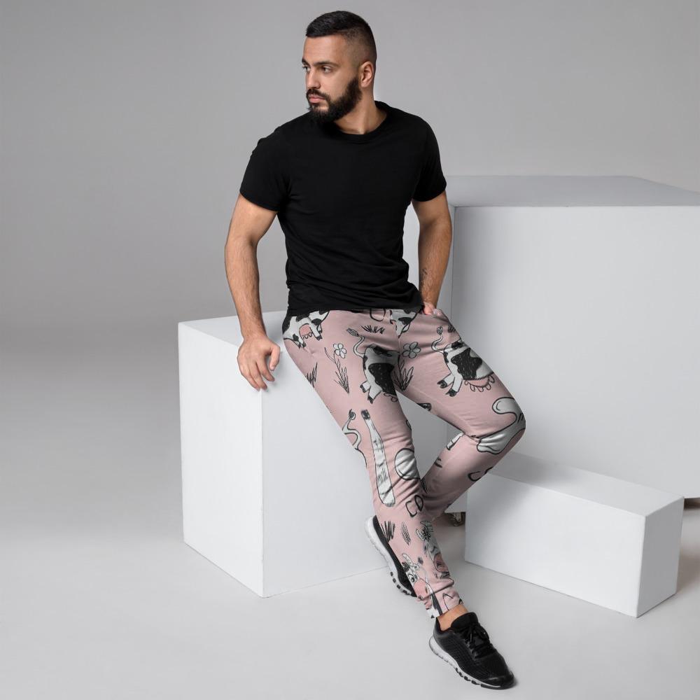 Pink Cow And Milk Print Men's Joggers-grizzshop