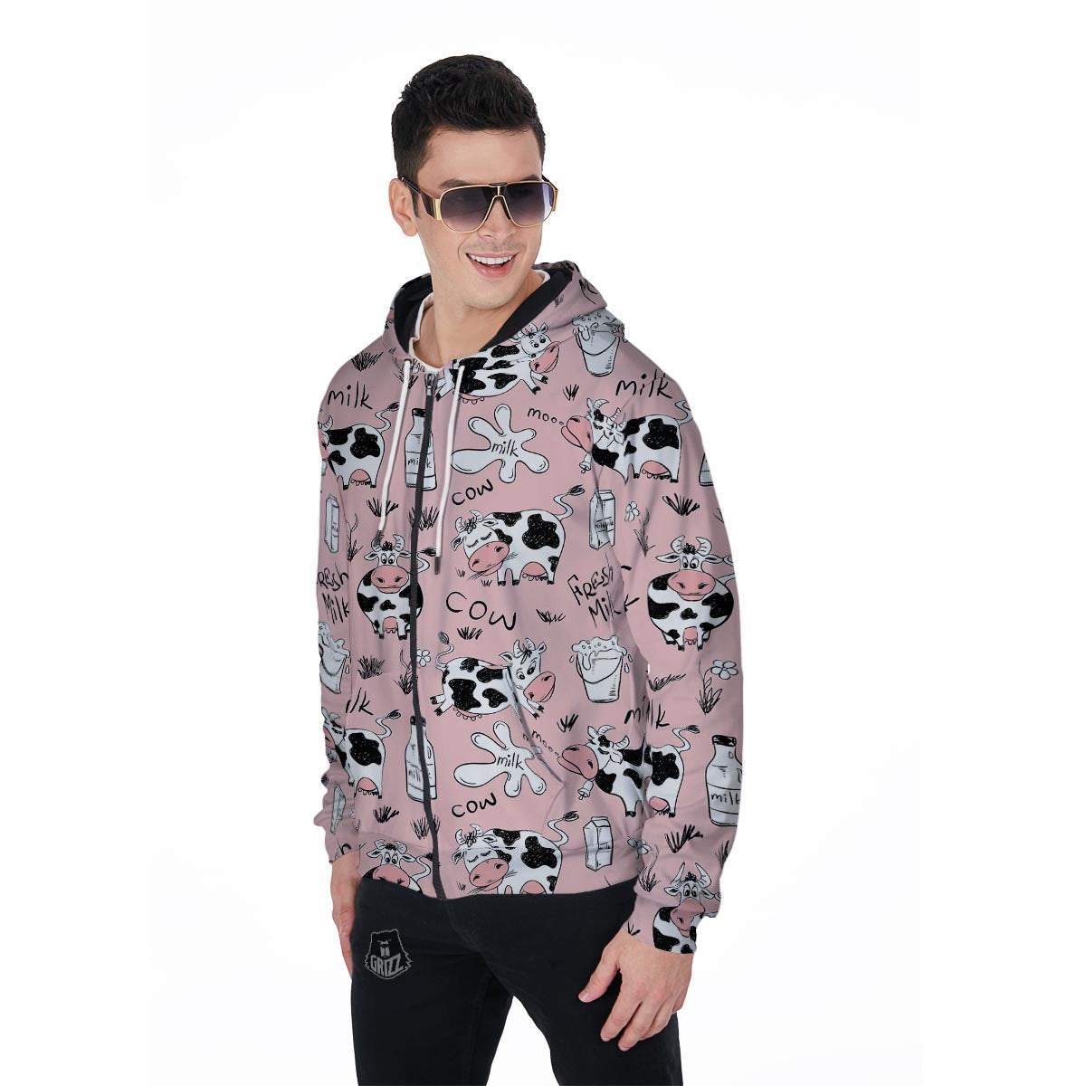 Pink Cow And Milk Print Men's Zip Up Hoodie-grizzshop