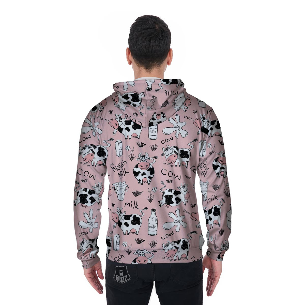 Pink Cow And Milk Print Men's Zip Up Hoodie-grizzshop