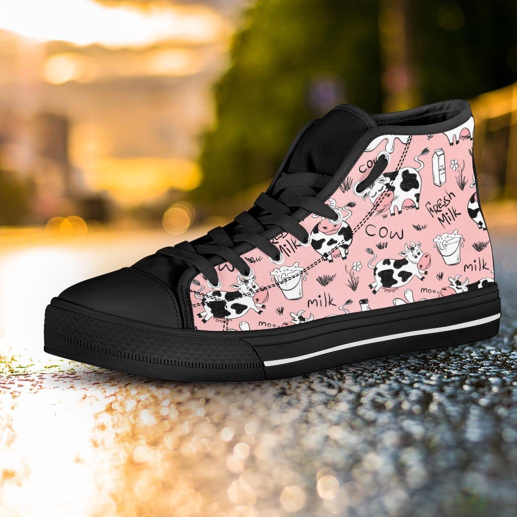 Pink Cow And Milk Print Women's High Top Shoes-grizzshop