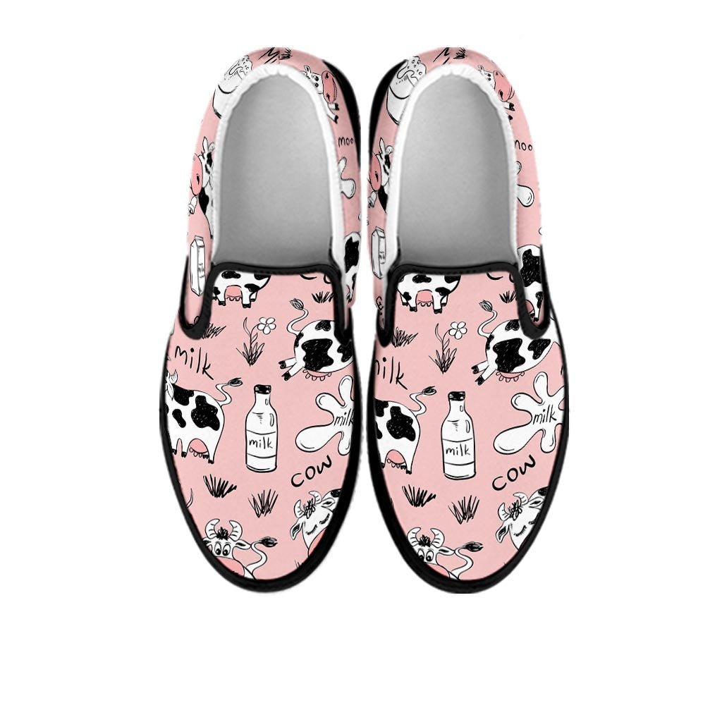 Pink Cow And Milk Print Women's Slip On Sneakers-grizzshop