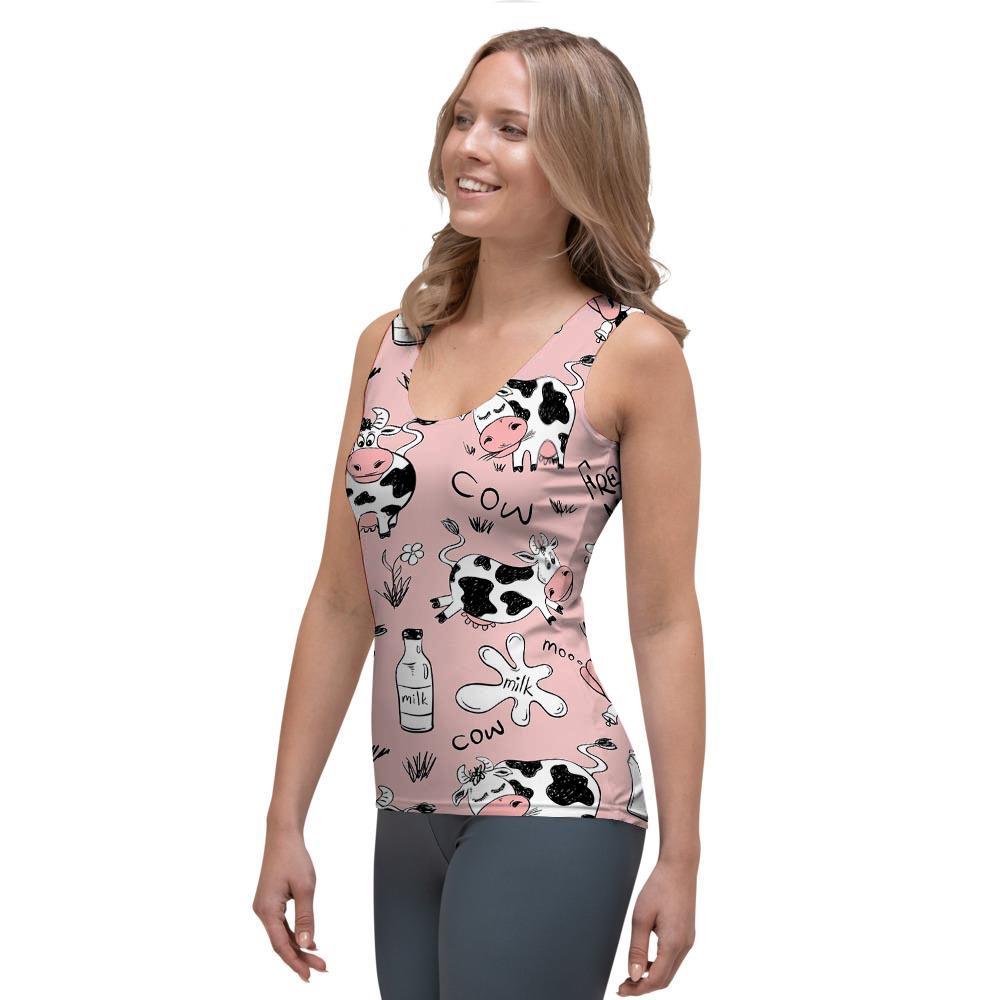 Pink Cow And Milk Print Women's Tank Top-grizzshop