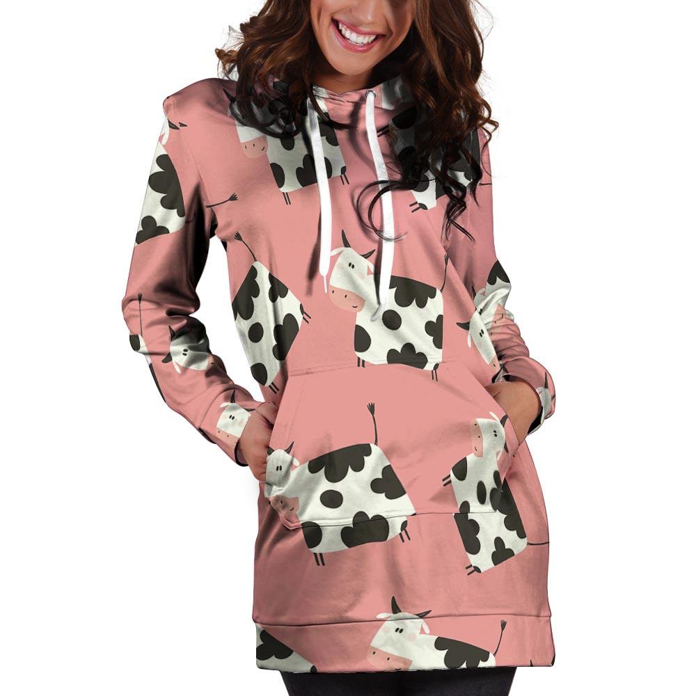 Pink Cow Pattern Print Hoodie Dress-grizzshop