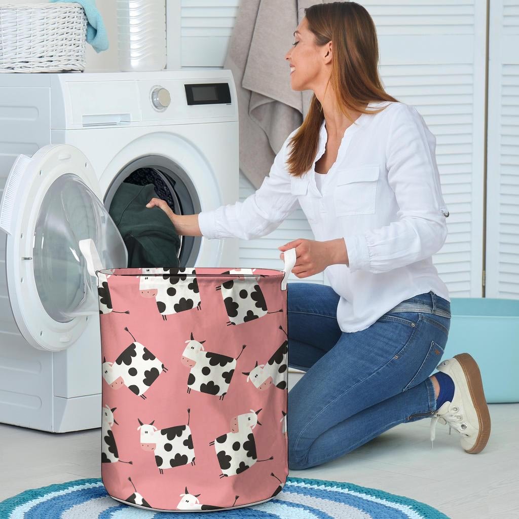 Pink Cow Pattern Print Laundry Basket-grizzshop