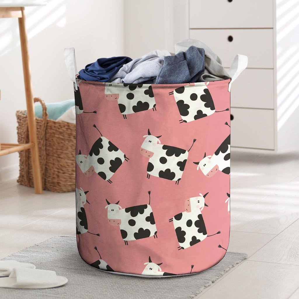 Pink Cow Pattern Print Laundry Basket-grizzshop