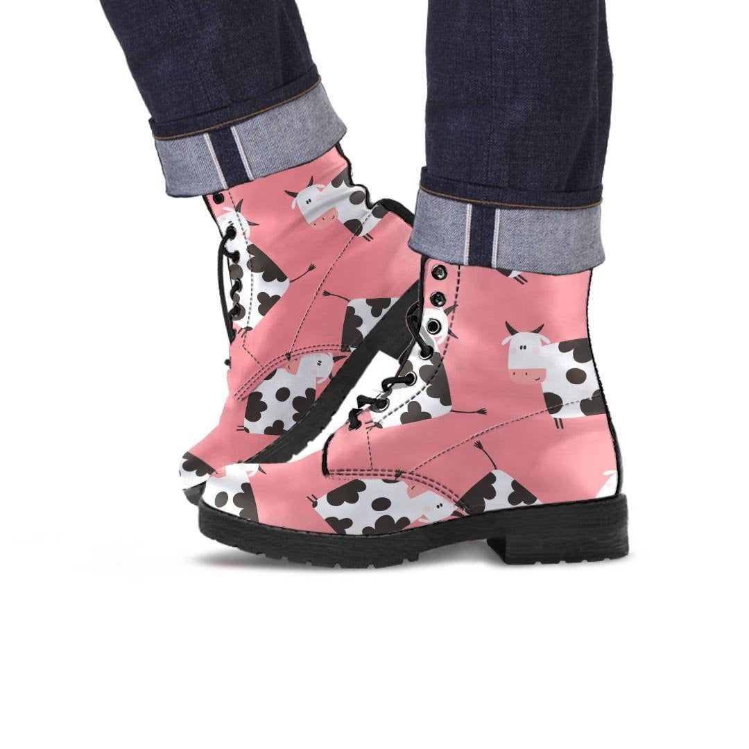 Pink Cow Pattern Print Men's Boots-grizzshop