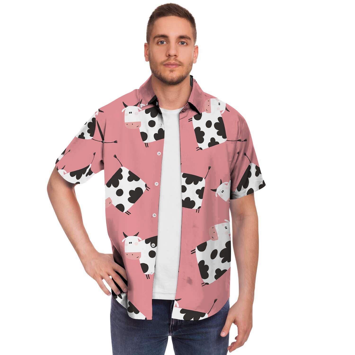 Pink Cow Pattern Print Men's Short Sleeve Shirt-grizzshop