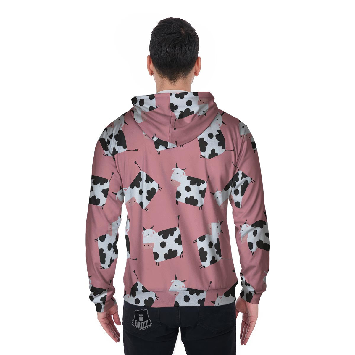 Pink Cow Pattern Print Men's Zip Up Hoodie-grizzshop