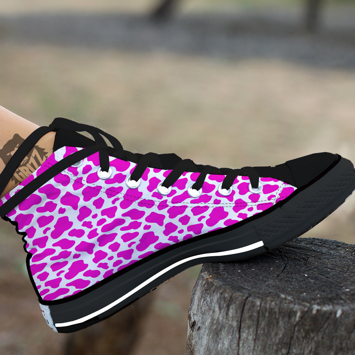 Pink Cow Print Pattern Black High Top Shoes-grizzshop