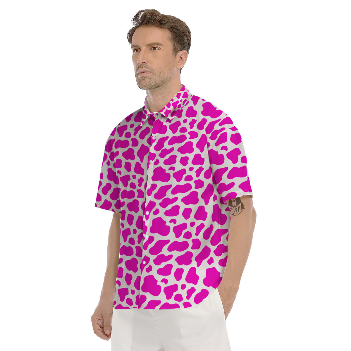 Pink Cow Print Pattern Men's Short Sleeve Shirts-grizzshop