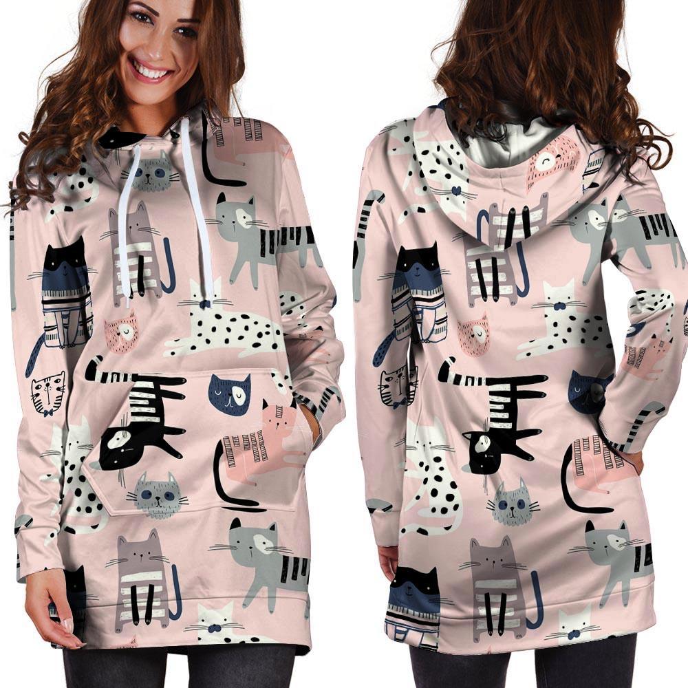 Pink Cute Cat Print Hoodie Dress-grizzshop
