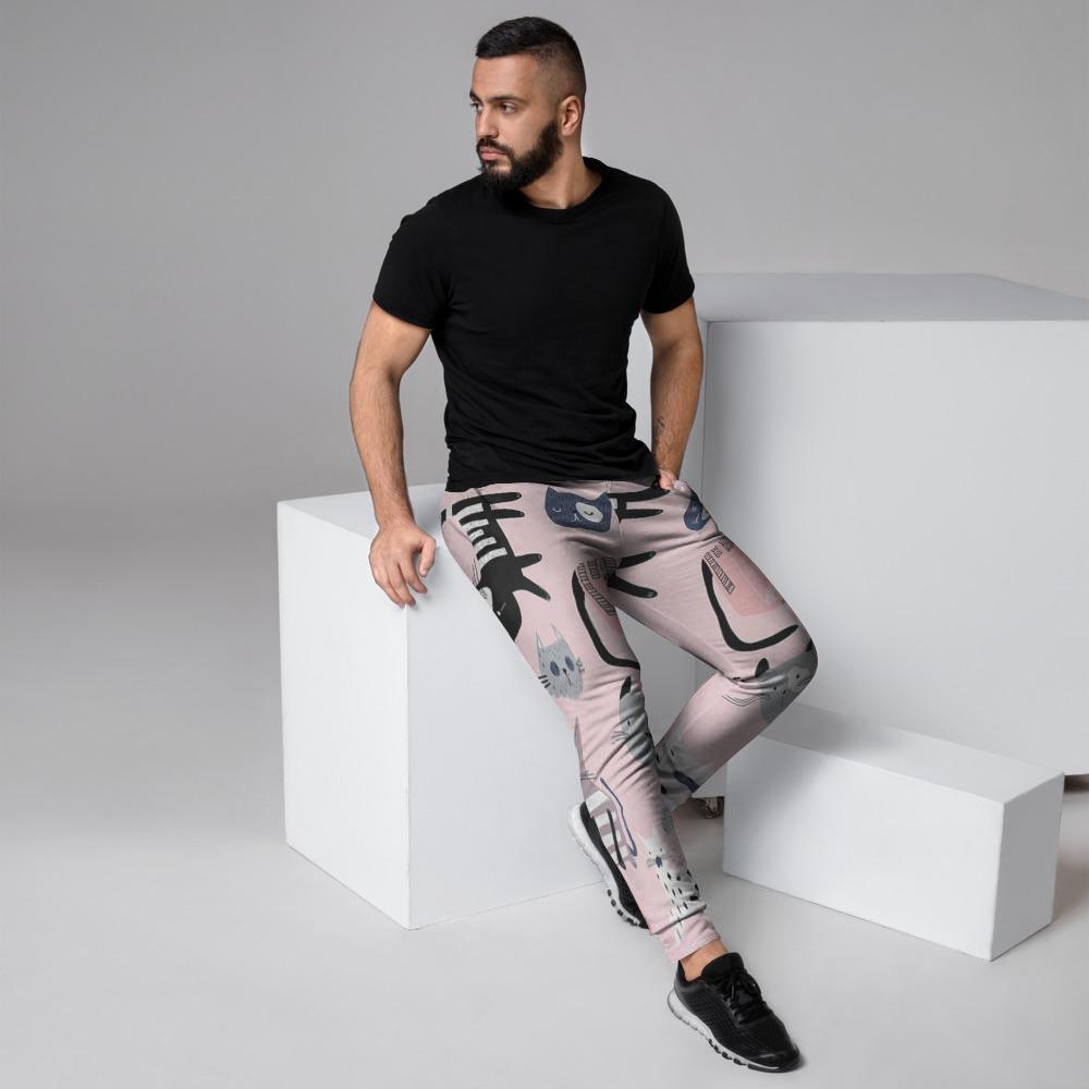 Pink Cute Cat Print Men's Joggers-grizzshop