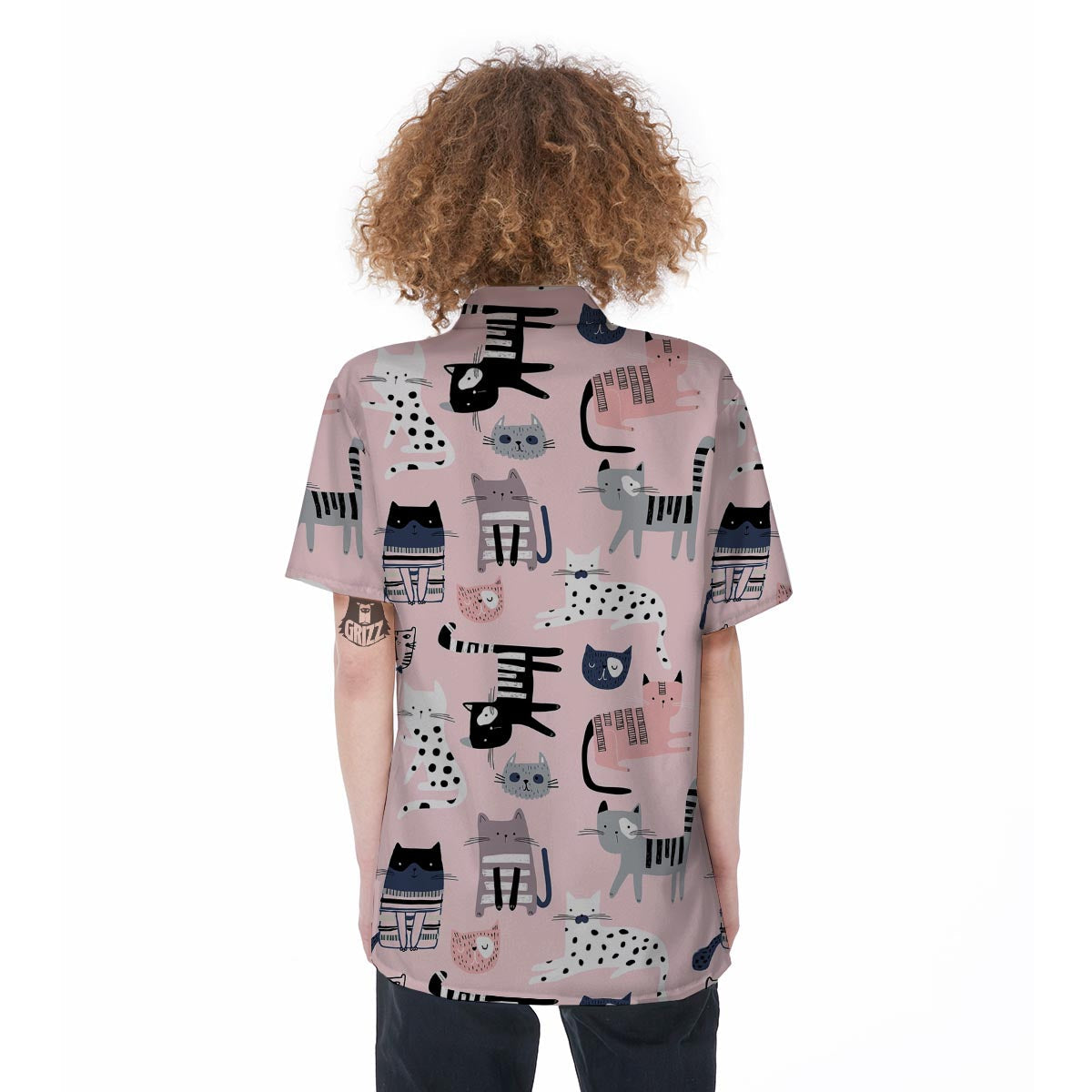 Pink Cute Cat Print Women's Short Sleeve Shirts-grizzshop