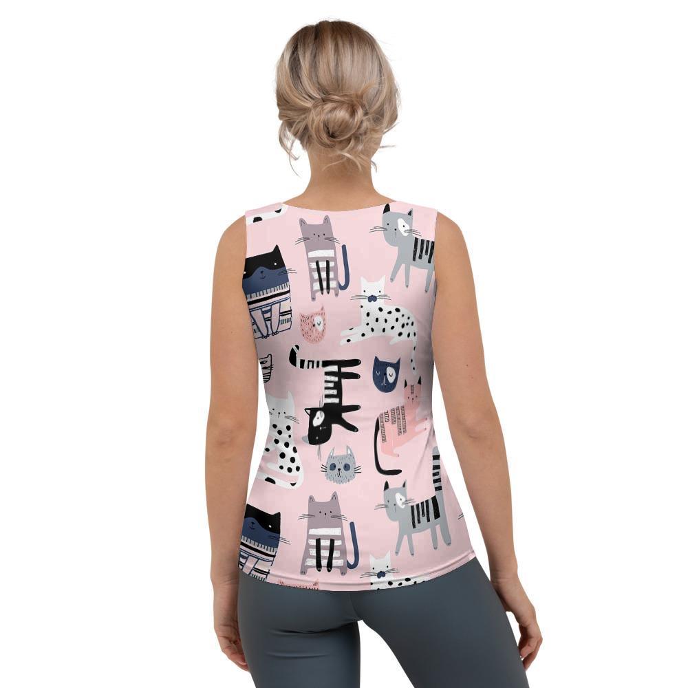 Pink Cute Cat Print Women's Tank Top-grizzshop
