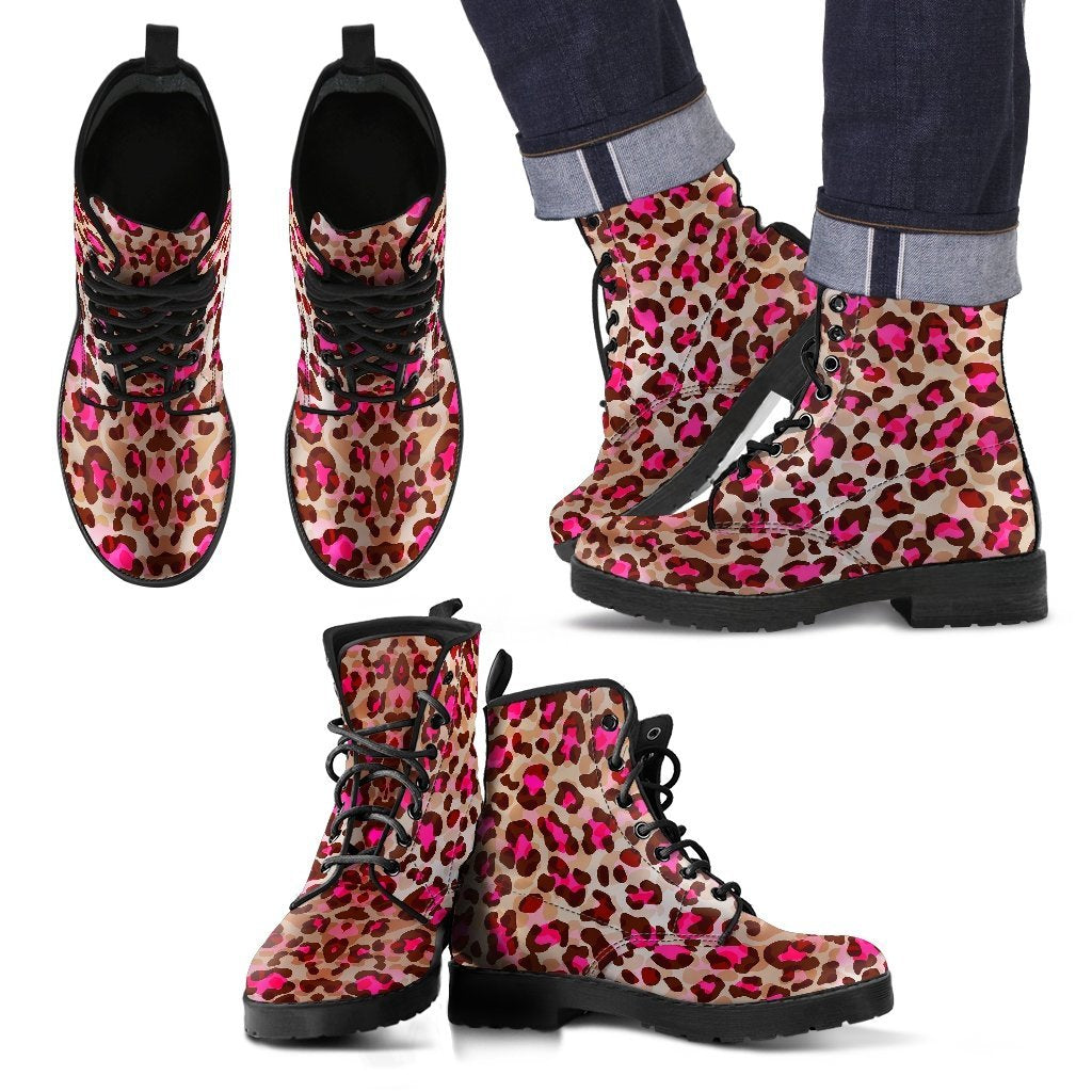 Pink Dot Cheetah Leopard Pattern Print Men Women Leather Boots-grizzshop