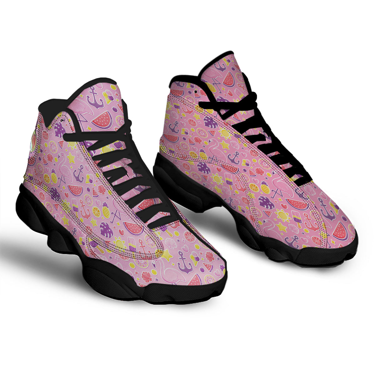 Pink Flamingo Summer Beach Print Pattern Black Basketball Shoes-grizzshop