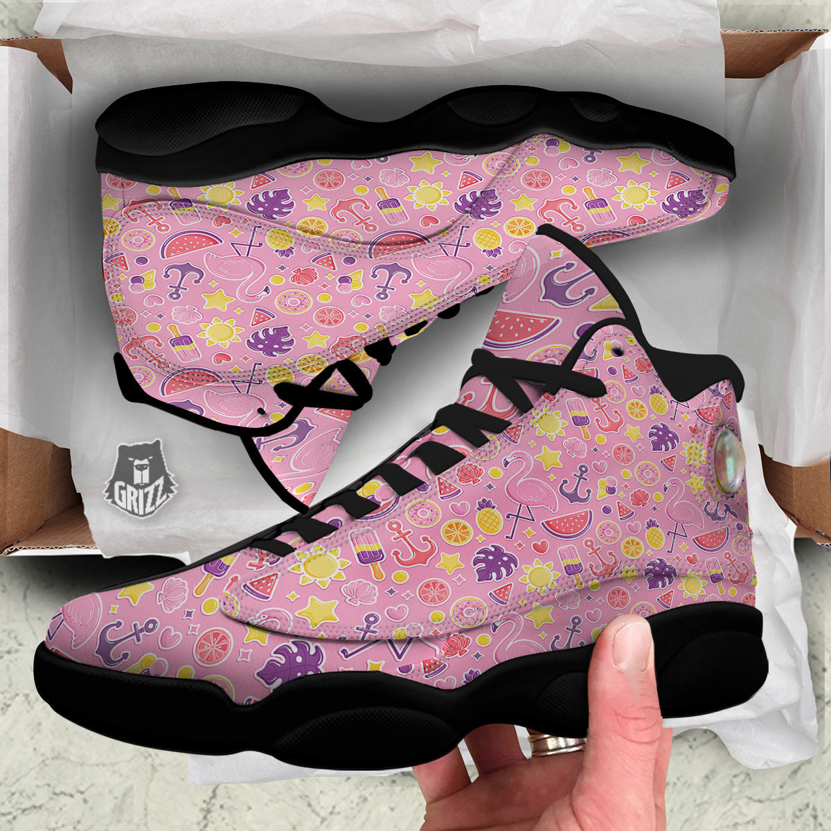 Pink Flamingo Summer Beach Print Pattern Black Basketball Shoes-grizzshop