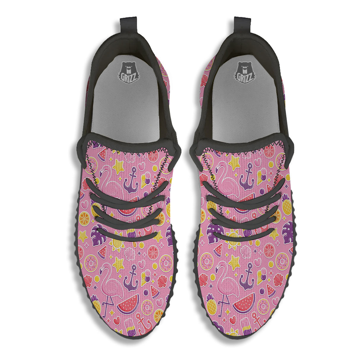 Pink Flamingo Summer Beach Print Pattern Black Walking Shoes-grizzshop