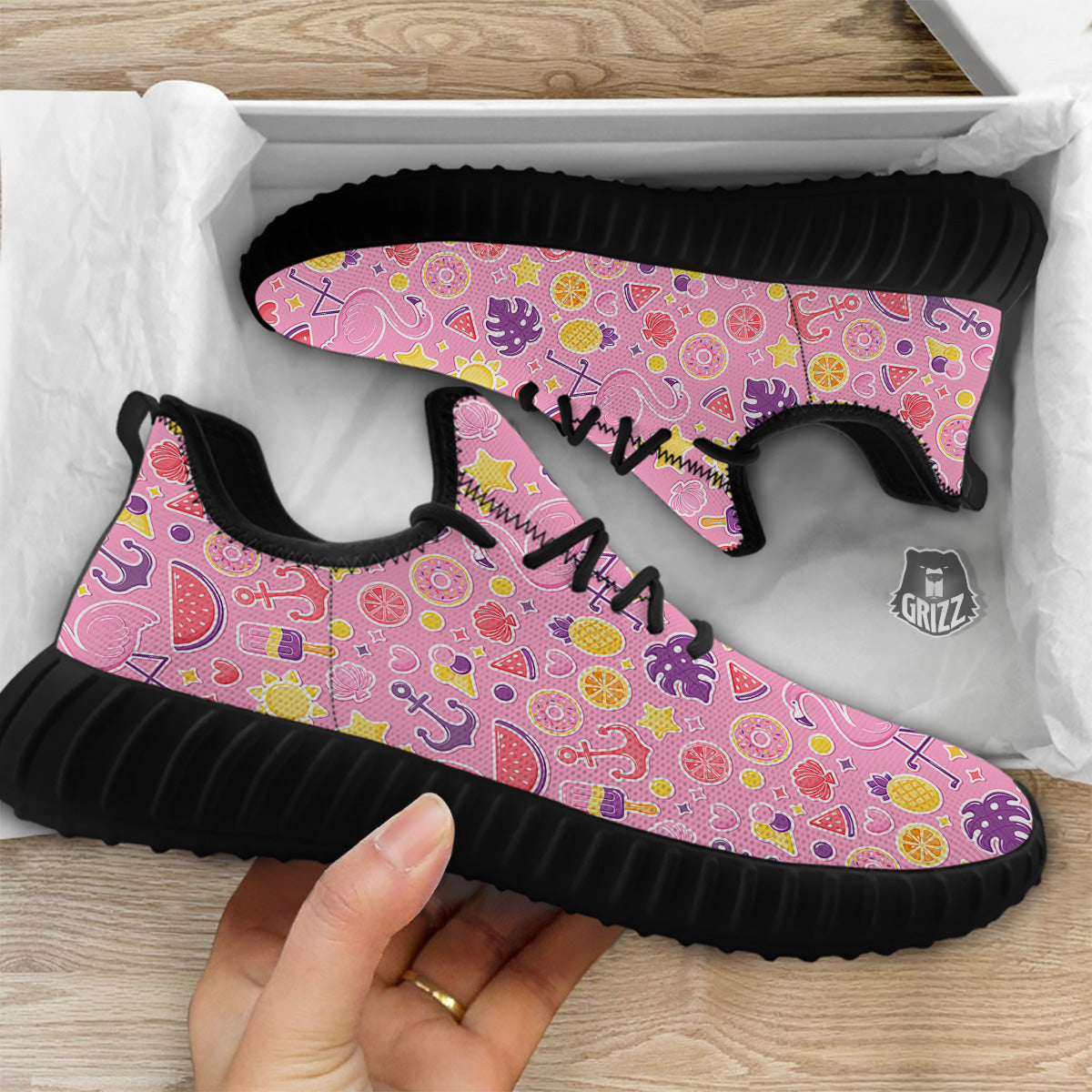 Pink Flamingo Summer Beach Print Pattern Black Walking Shoes-grizzshop
