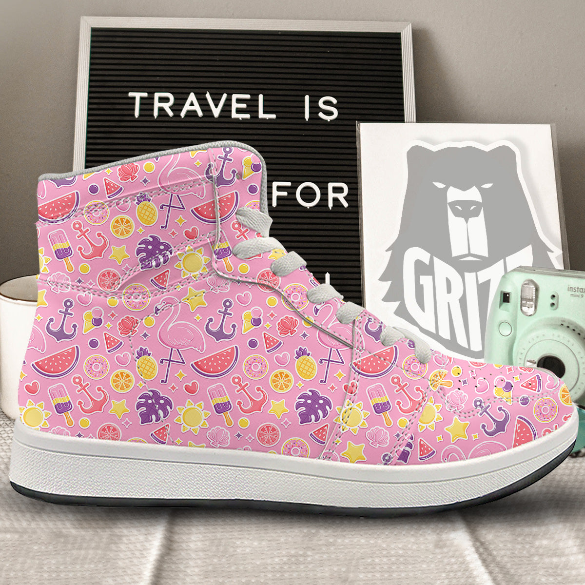 Pink Flamingo Summer Beach Print Pattern High Top Sneakers-grizzshop