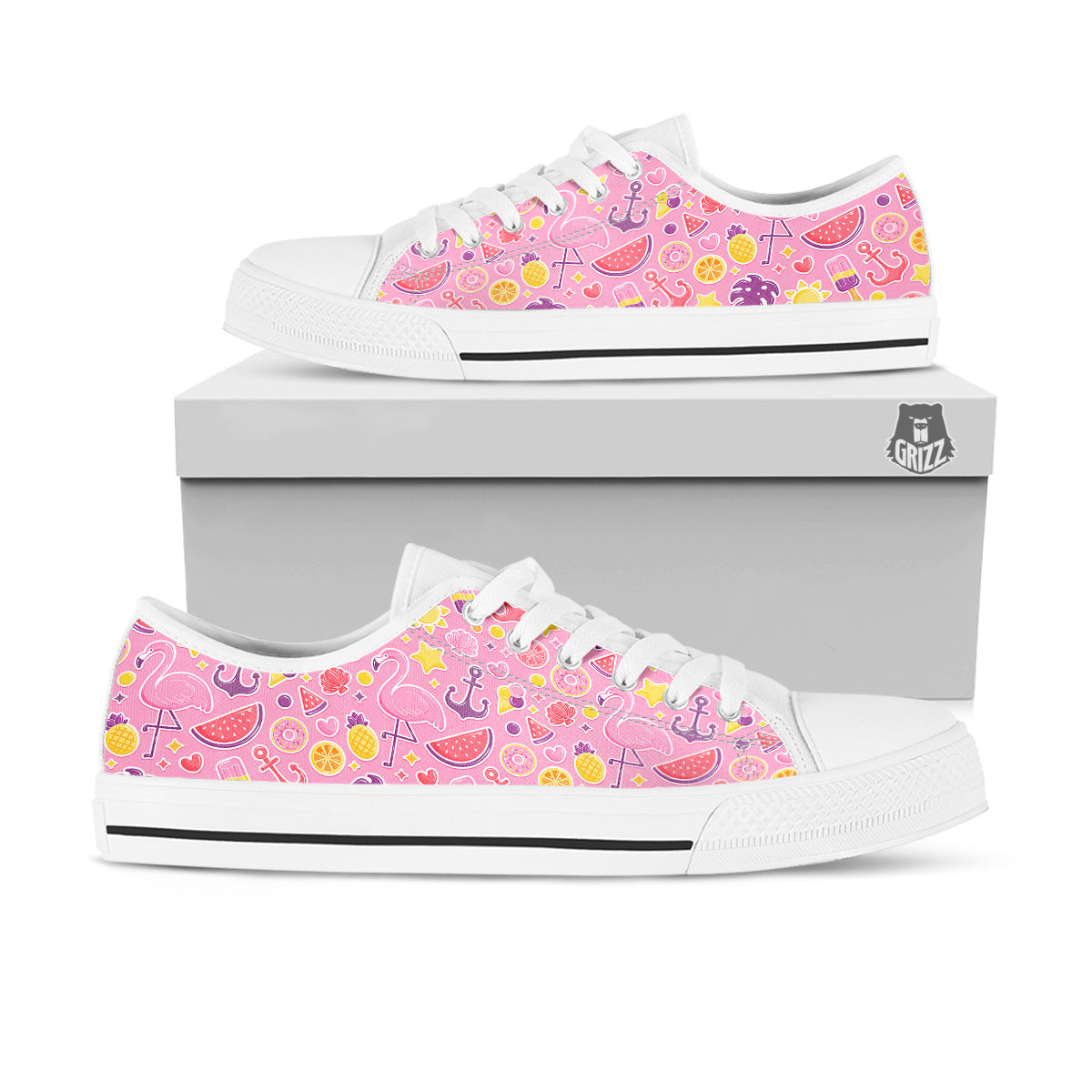 Pink Flamingo Summer Beach Print Pattern White Low Top Shoes-grizzshop
