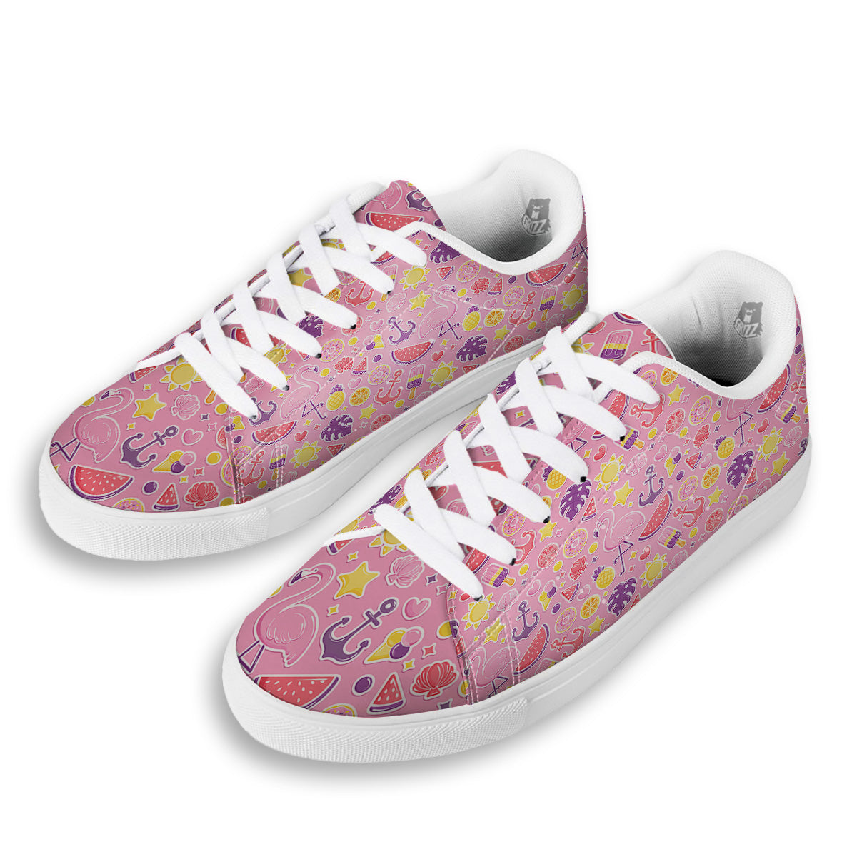 Pink Flamingo Summer Beach Print Pattern White Low Top Sneakers-grizzshop
