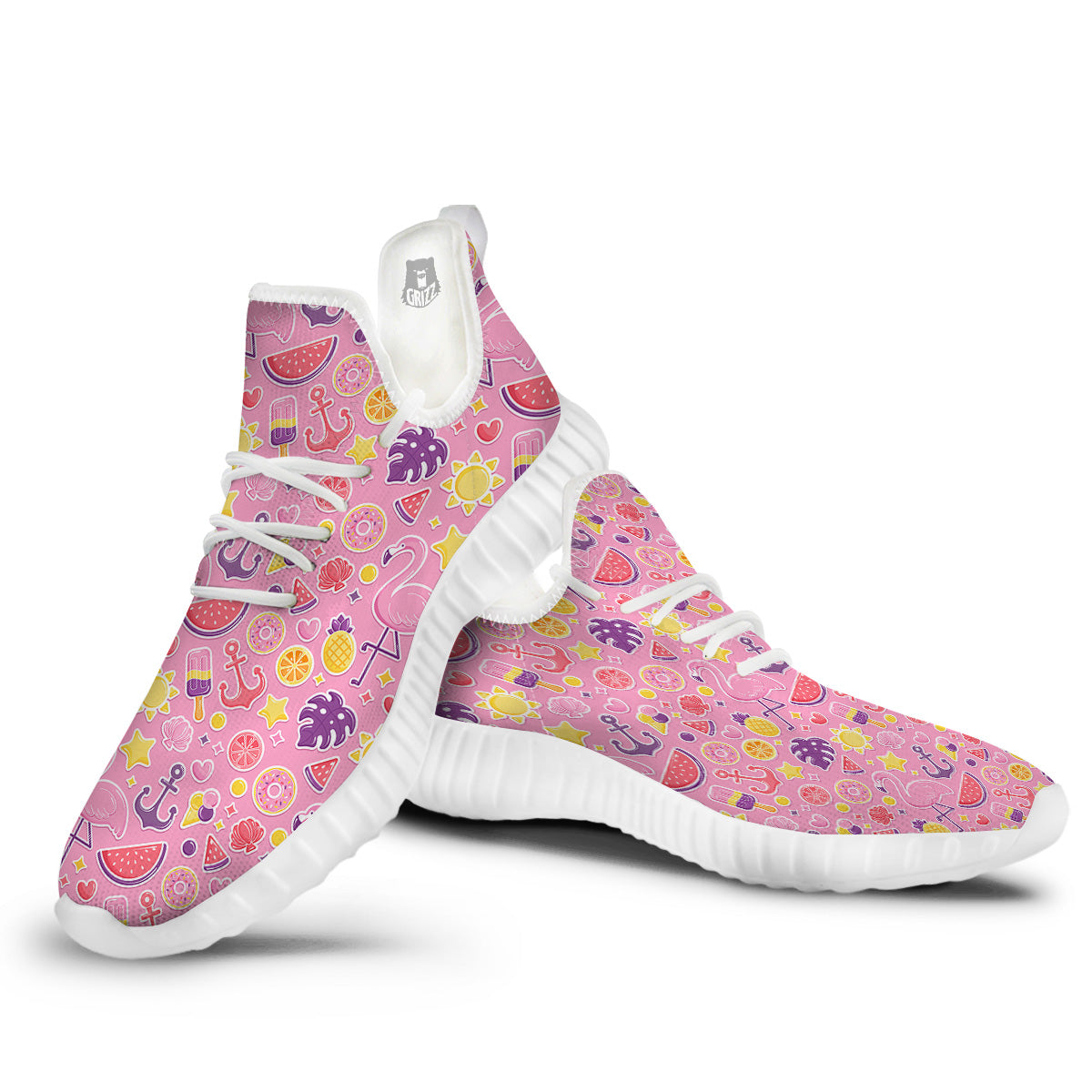 Pink Flamingo Summer Beach Print Pattern White Walking Shoes-grizzshop