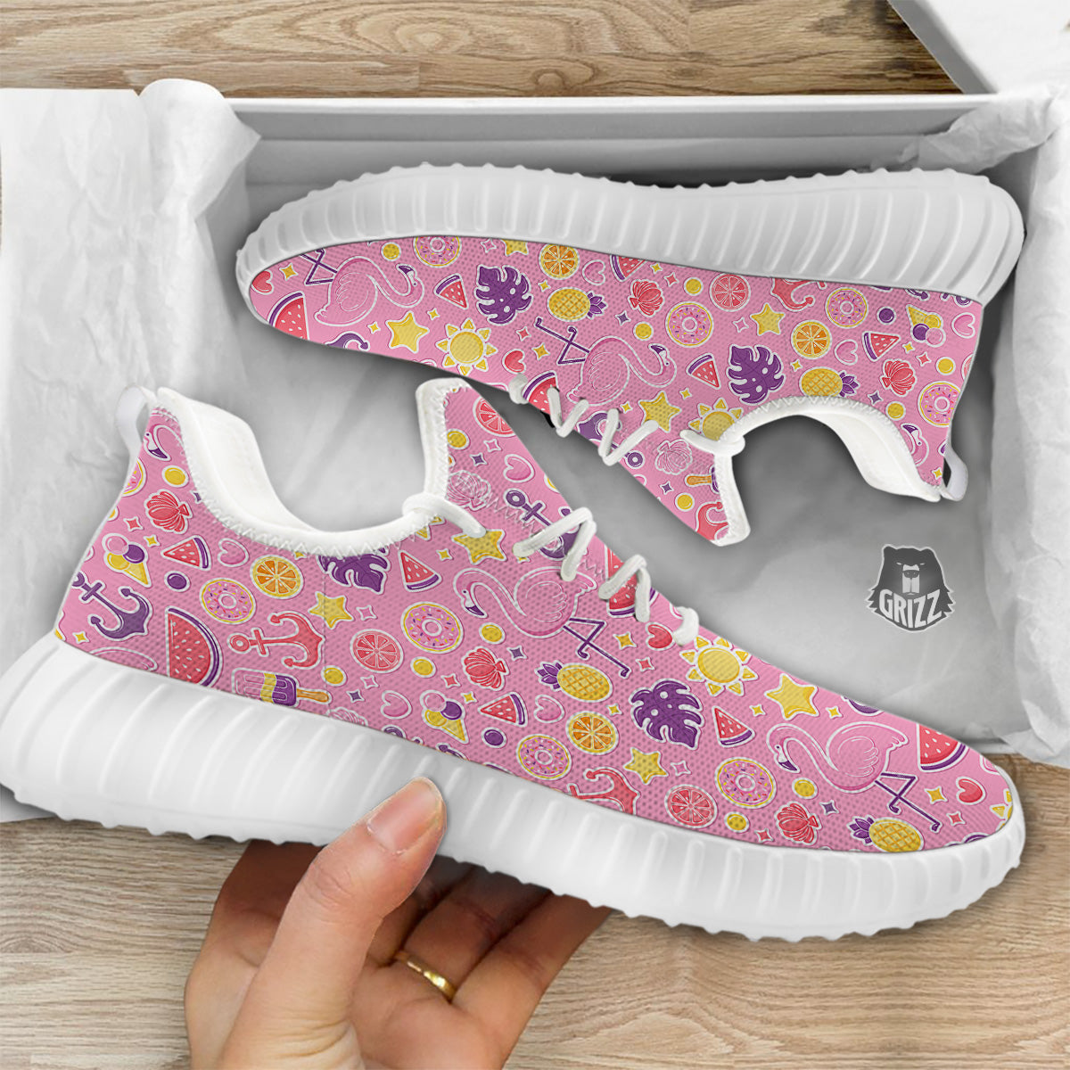 Pink Flamingo Summer Beach Print Pattern White Walking Shoes-grizzshop