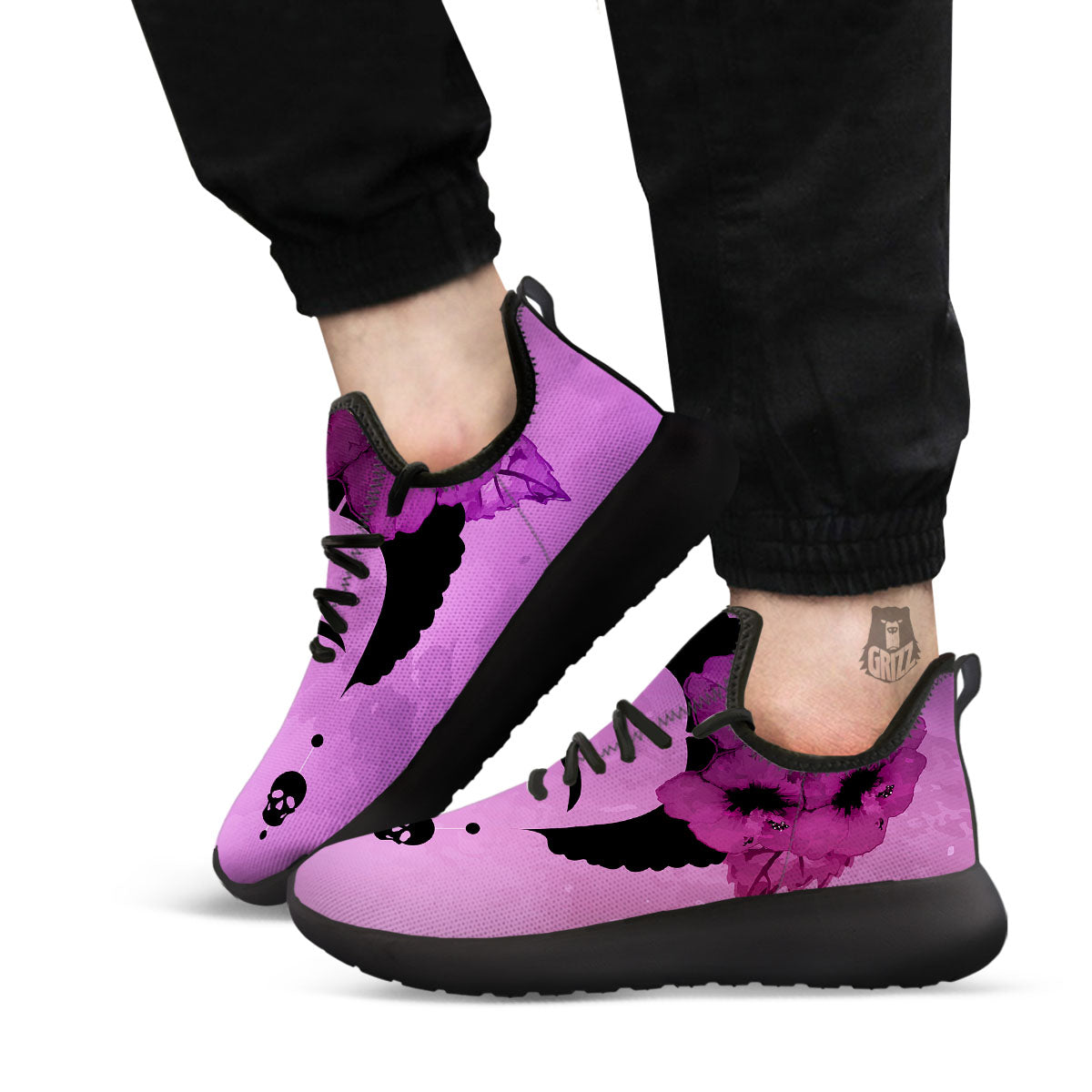 Pink Floral And Frida Kahlo Print Black Athletic Shoes-grizzshop