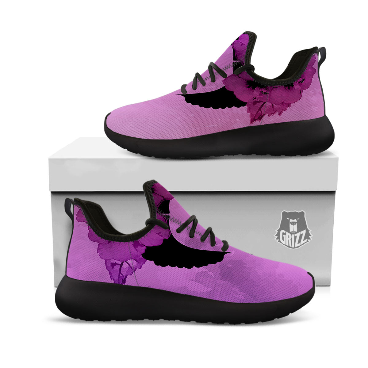 Pink Floral And Frida Kahlo Print Black Athletic Shoes-grizzshop